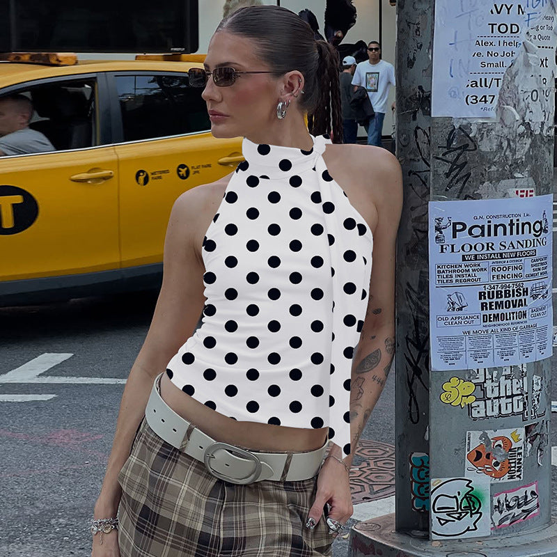 Damen asymmetrisches Polka-Dot-Top mit hohen Schnittlinien und elegantem Halterdesign EB