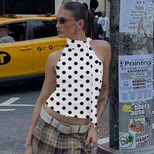 Damen asymmetrisches Polka-Dot-Top mit hohen Schnittlinien und elegantem Halterdesign EB