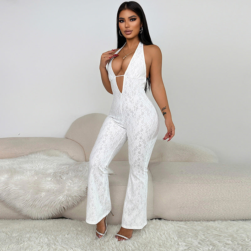 Damen Eleganter Jumpsuit mit tiefem V-Ausschnitt und figurbetonter Silhouette EB