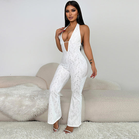 Damen Eleganter Jumpsuit mit tiefem V-Ausschnitt und figurbetonter Silhouette EB