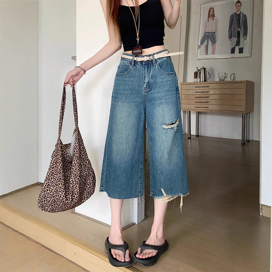 Damen Weite Denim-Hosen mit Rissdetails EB