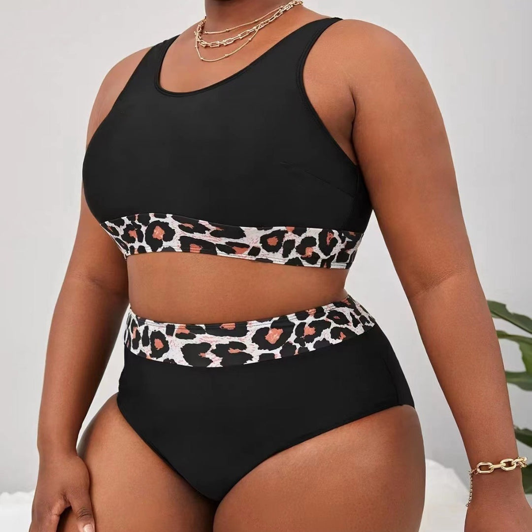 Damen Sportlicher Hochschnitt-Bikini mit Leopardenmuster EB
