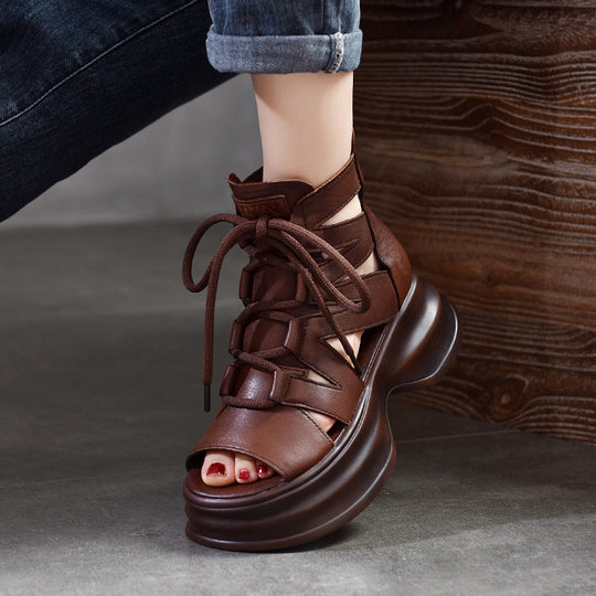 Damen modische Plateau-Sandalen mit durchlässigem Leder und innovativem Schnürsystem EB