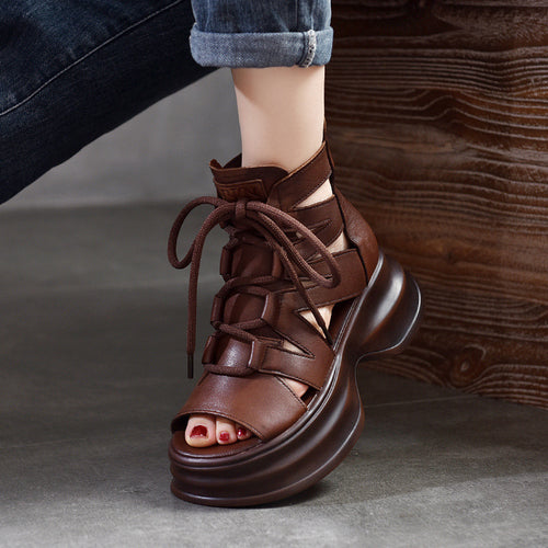 Damen modische Plateau-Sandalen mit durchlässigem Leder und innovativem Schnürsystem EB