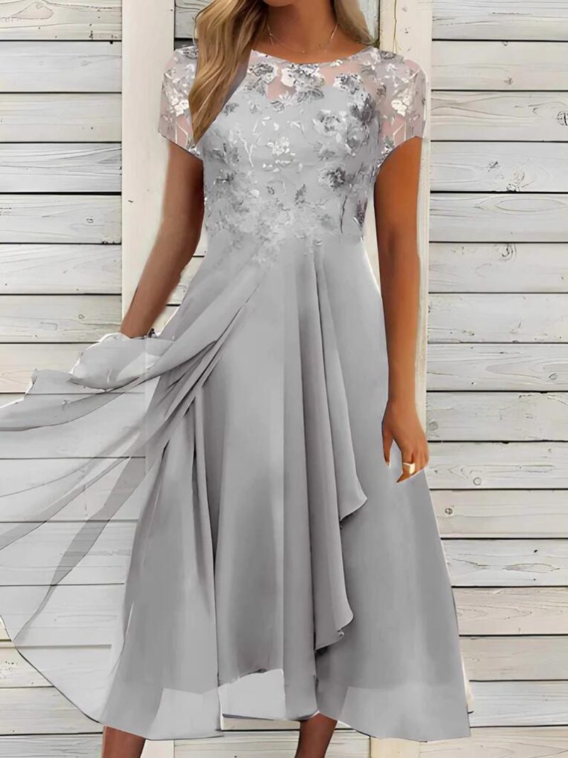 Damen nan fließendes Chiffon-Midikleid mit blumenbesticktem Oberteil und asymmetrischem Stufenrock EB