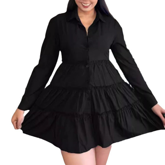 Damen Hemdblusenkleid mit voluminösem Saum und langen Ärmeln EB