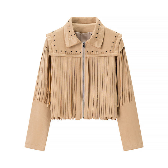 Damen Fransenjacke aus Wildlederimitat mit Zipper und stilvollen Applikationen EB