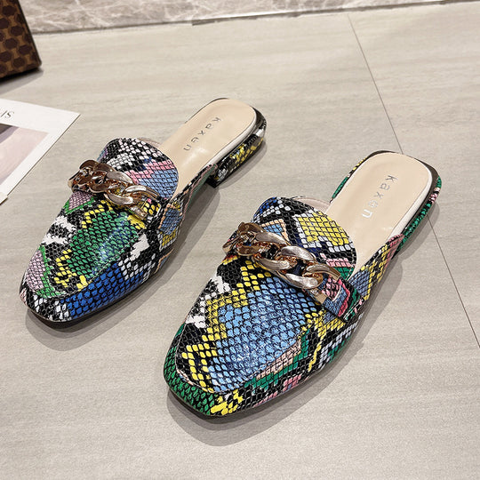 Damen elegante Mules mit schimmerndem Kettenverschluss EB
