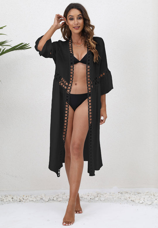 Damen eleganter langer Kaftan mit Häkelakzenten EB