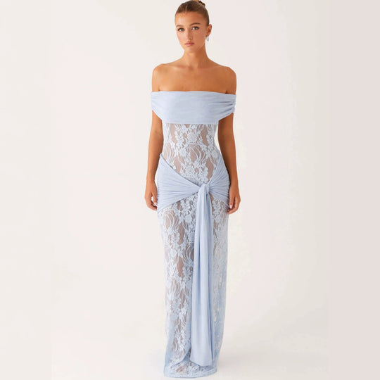 Damen Elegant drapiertes Spitzenkleid mit off-shoulder Design EB