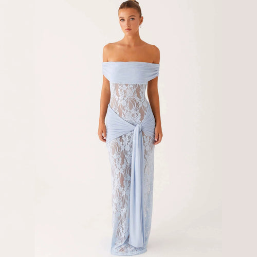 Damen Elegant drapiertes Spitzenkleid mit off-shoulder Design EB