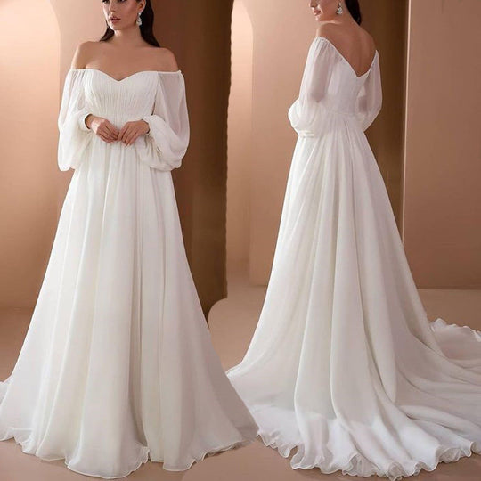 Romantisches Off-Shoulder Langarm Weißes Brautkleid für Hochzeit | EB