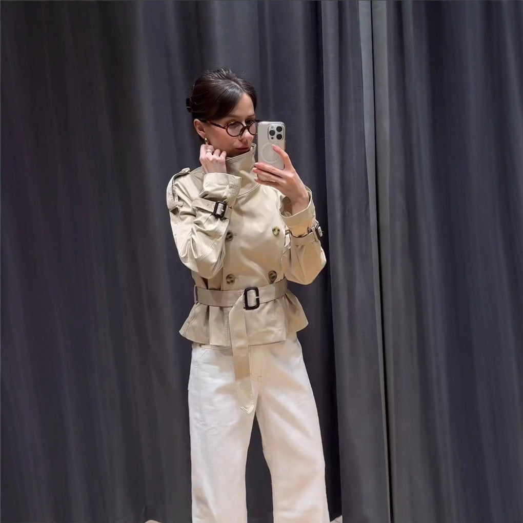 Damen Modischer Trenchcoat mit hohem Kragen und praktischen Seitentaschen EB
