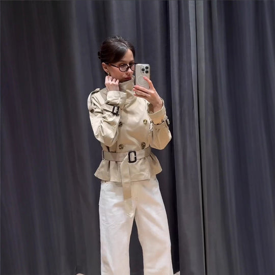 Damen Modischer Trenchcoat mit hohem Kragen und praktischen Seitentaschen EB