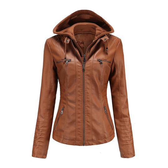 Damen nan taillierte Kunstlederjacke mit Kapuze, gesteppter Armblende und verdeckten Reißverschlusstaschen EB