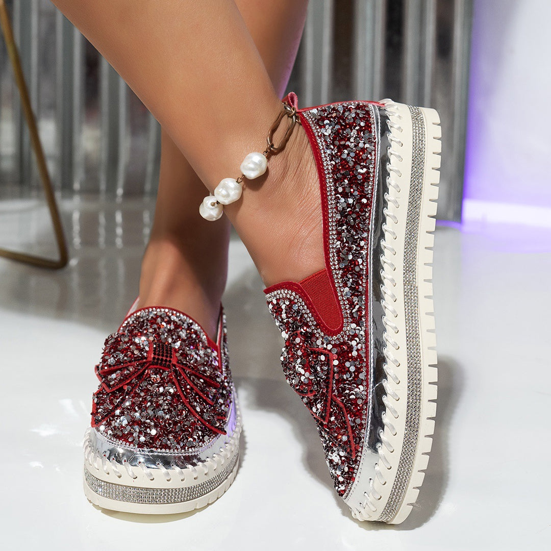 Damen Glitzernde Slip-On Sneakers mit dekorativem Schleifen- und Strass-Detail EB