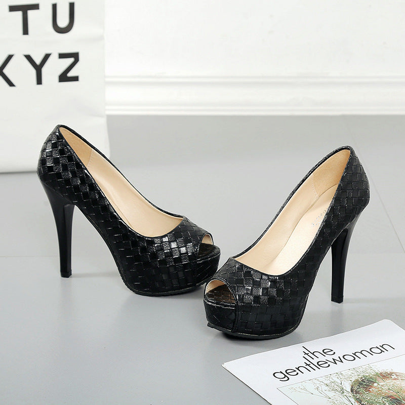 Damen Peep-Toe High Heels mit dekorativem geflochtenem Design und hohem Stiletto-Absatz EB