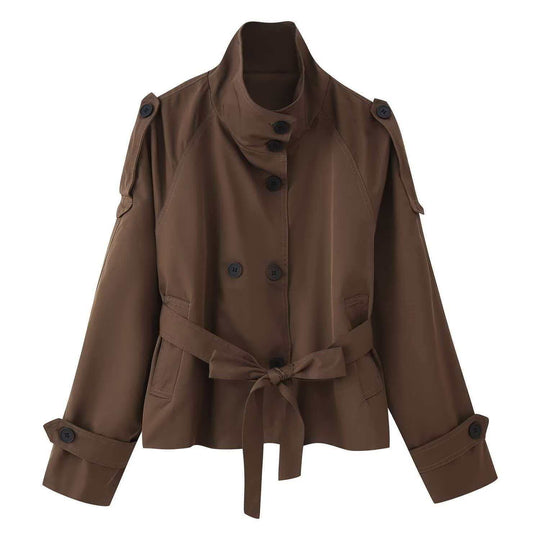 Damen nan kurztaillierte Trenchjacke mit hohem Stehkragen, doppeltreihiger Knopfleiste und taillierbarem Bindegürtel EB