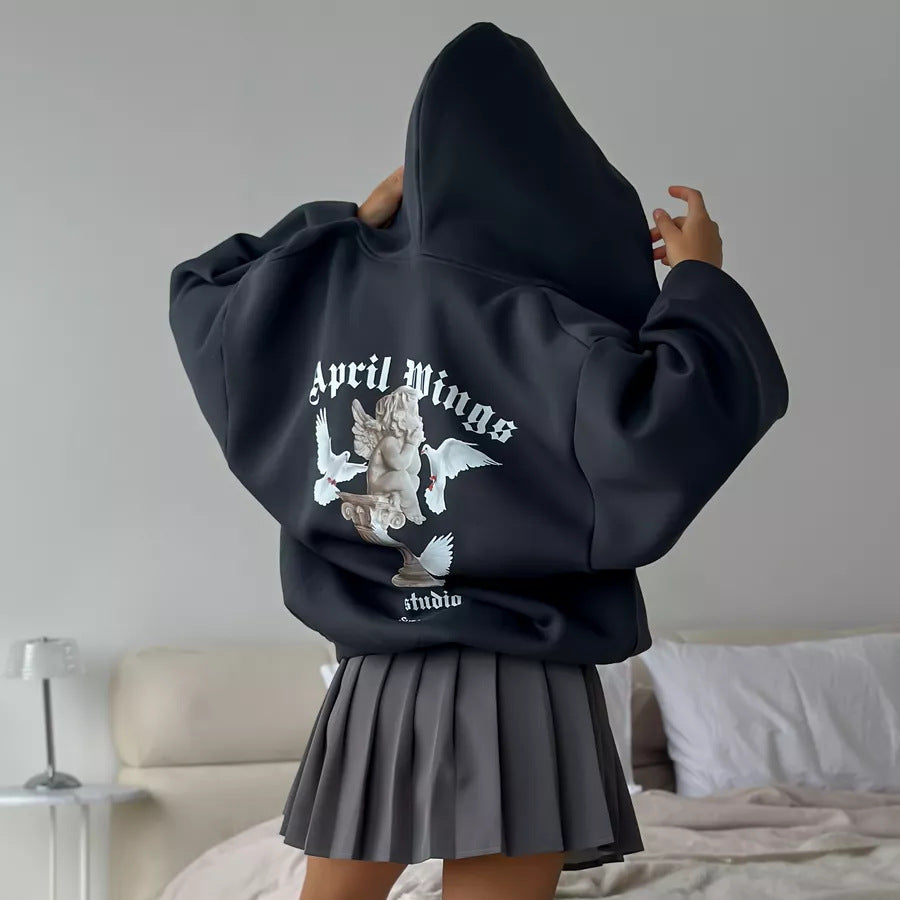 Damen oversized Kapuzenpullover mit Engels-Print und kunstvollem Rückendruck Eichborn Berlin
