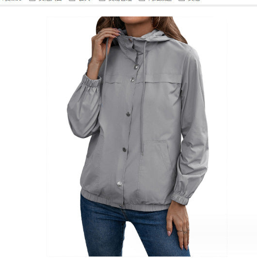 Damen Windbreaker Jacke mit verstellbarem Kapuzenkragen und seitlichen Taschen EB