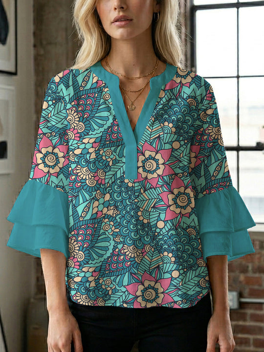 Damen Bluse mit voluminösen Rüschenärmeln und kreativem Floraldesign EB