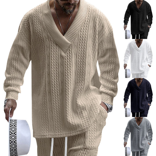 Herren Zopfstrick-Loungewear-Set mit tiefem V-Ausschnitt, Relaxed-Fit & Kordelhose EB