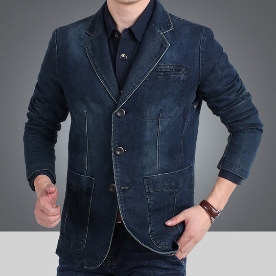 Herren nan Jeansblazer mit Used-Effekt, schmaler Schnitt, Brustleistentasche und aufgesetzten Taschen EB