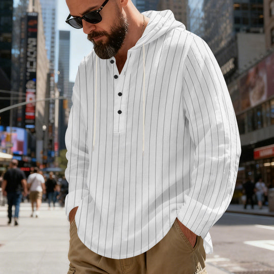 Herren nan gestreiftes Henley-Kapuzenhemd mit Langarm, lockerem Schnitt und Kordelzug EB