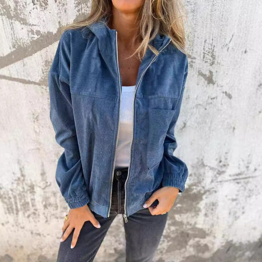 Damen nan Feincord-Übergangsjacke mit Kapuze, Reißverschluss, elastischen Bündchen und seitlichen Eingrifftaschen EB