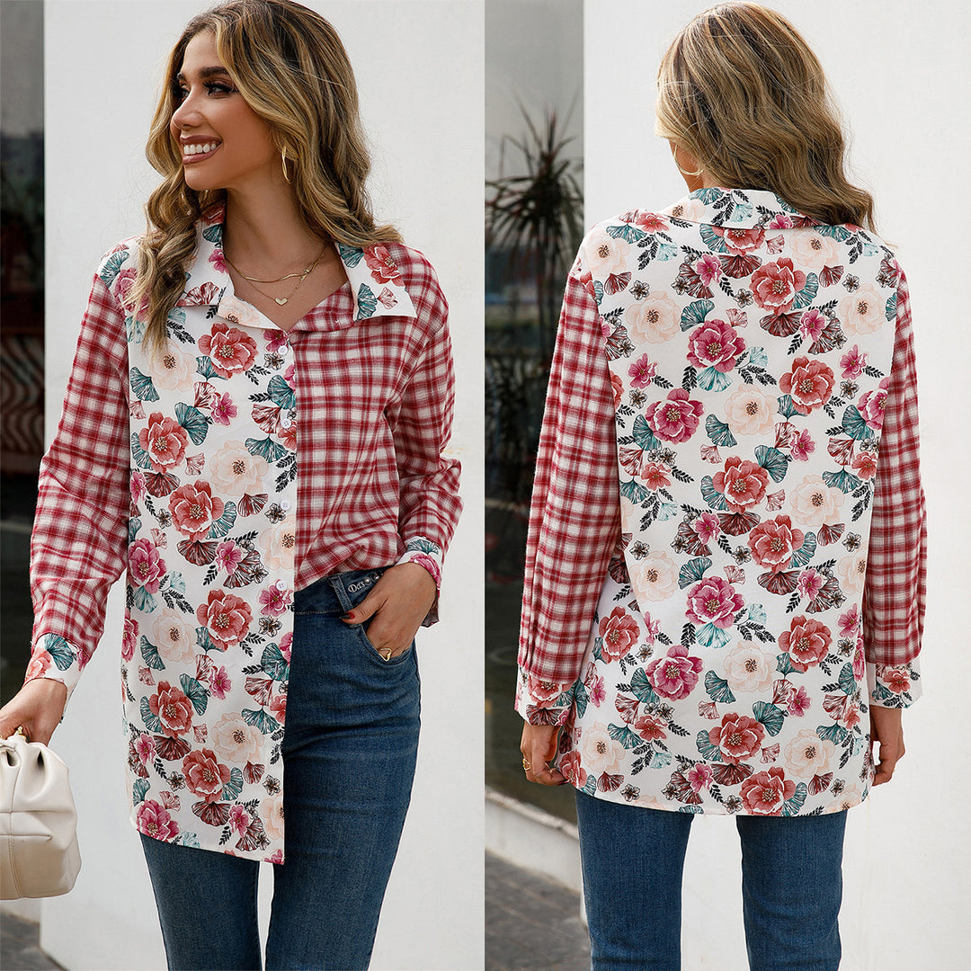 Damen Trendige Karobluse mit floralem Patchwork-Design EB