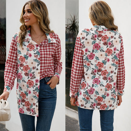 Damen Trendige Karobluse mit floralem Patchwork-Design EB