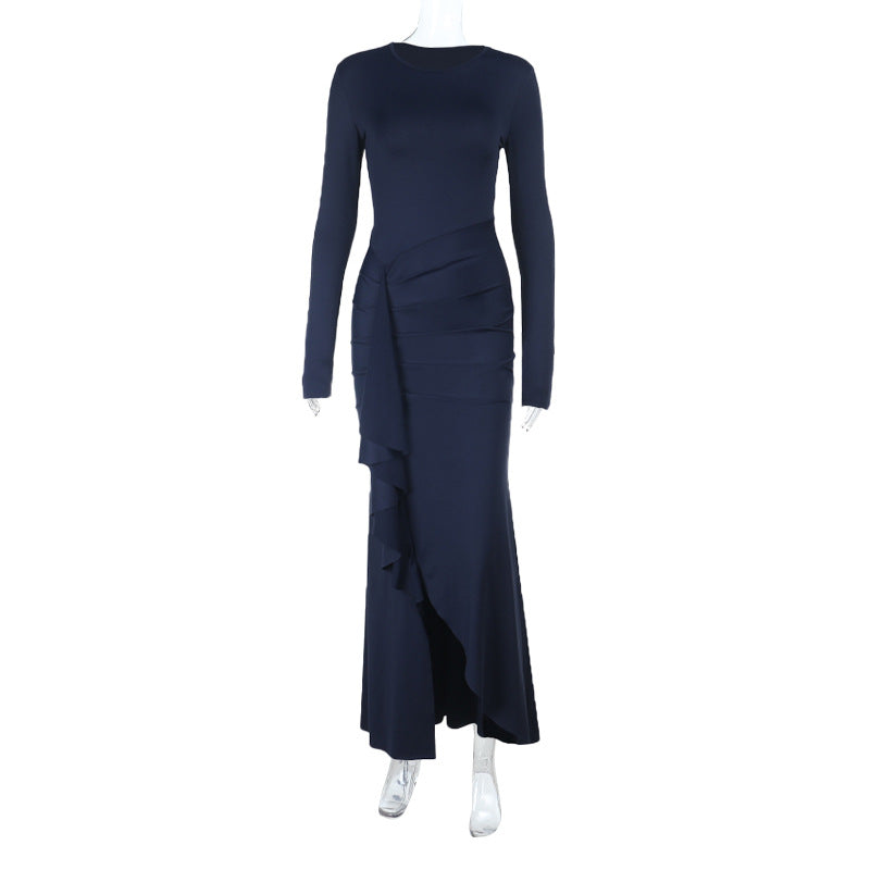 Damen elegantes Maxikleid mit asymmetrischem Rüscheneinsatz und langer Silhouette EB