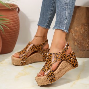 Damen Wedge-Sandalen mit Leopardenmuster und rutschfester Sohle EB