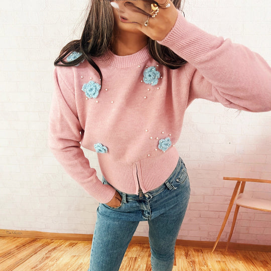 Damen Strickpullover mit floralen Applikationen und glänzenden Perlen EB