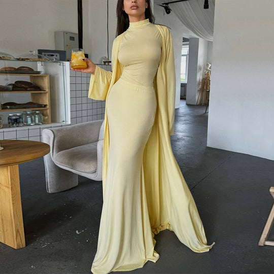 Damen elegantes Maxikleid mit weitem Cape und langen Ärmeln EB