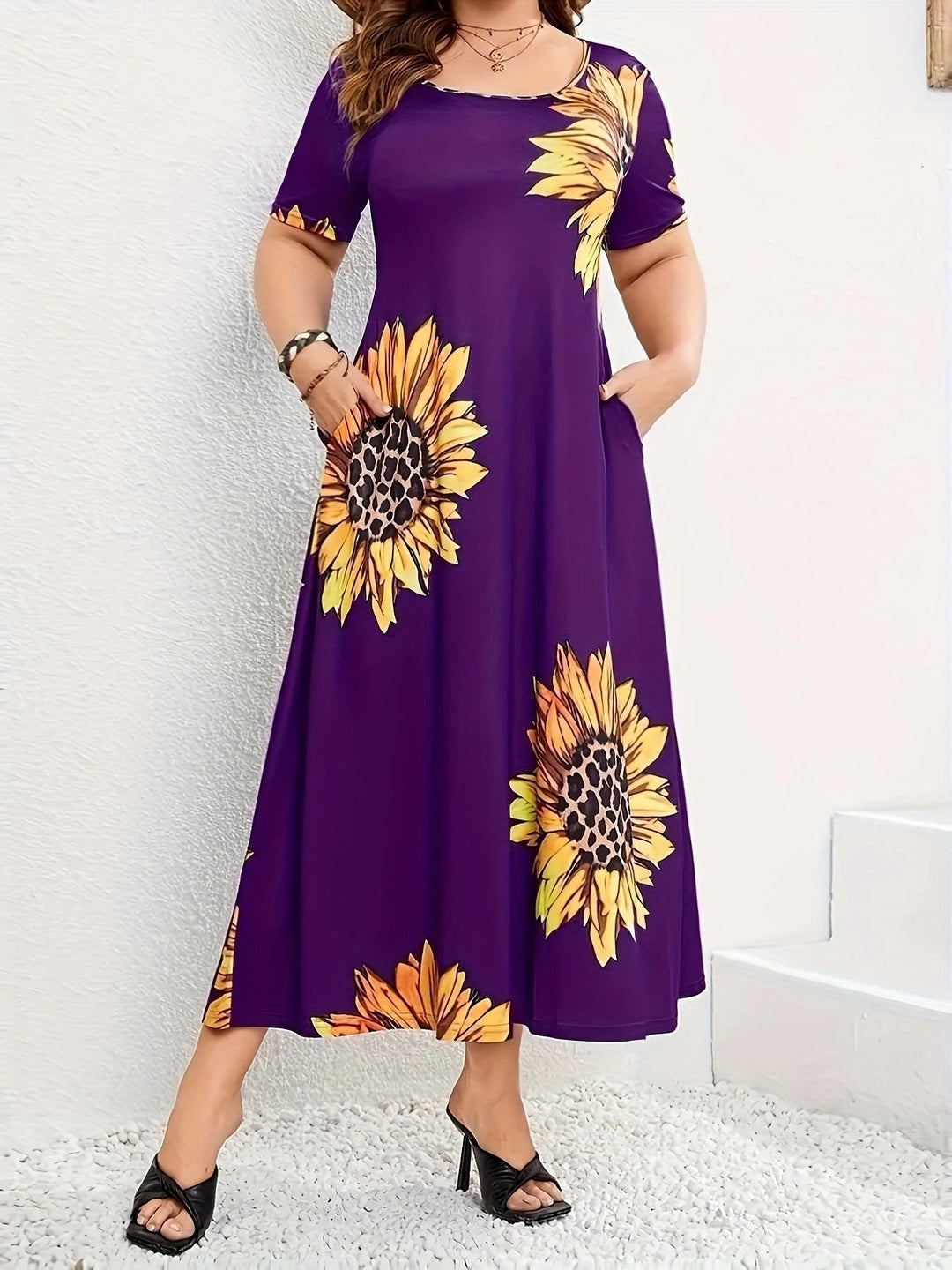 Damen Sommerliches Maxikleid mit floralem Sonnenblumenmuster und praktischen Taschen EB