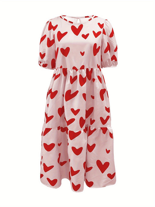 Damen Minikleid mit modernem Herzmuster und luftigen Ärmeln EB
