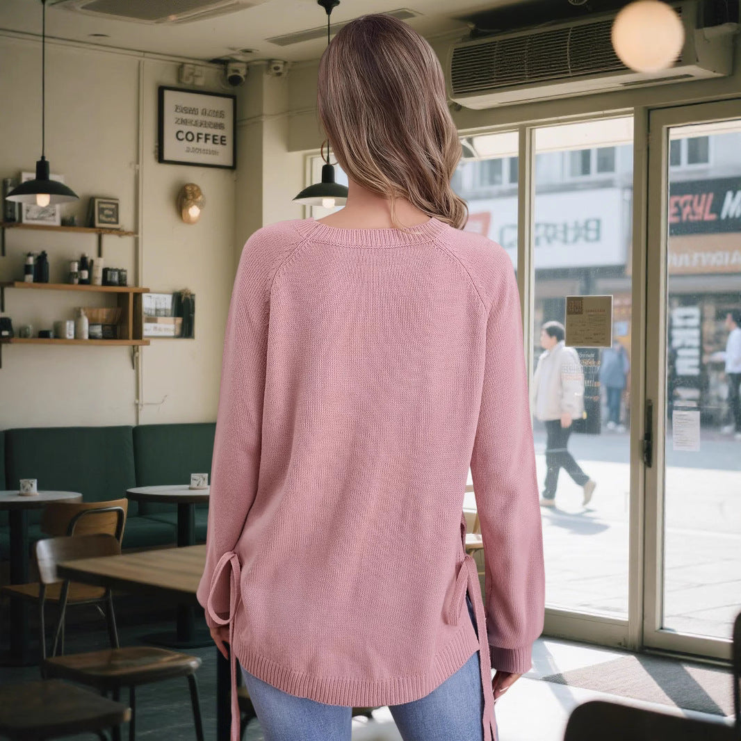 Damen modischer Pullover mit seitlichen Bindebändern EB