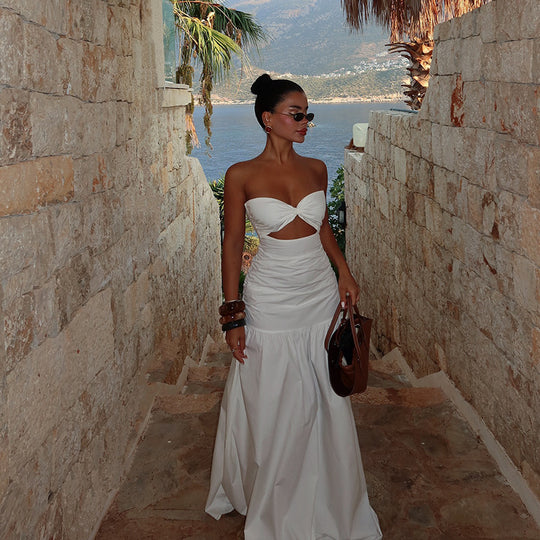 Damen Maxikleid mit gerafftem Oberteil und verspieltem Rock EB