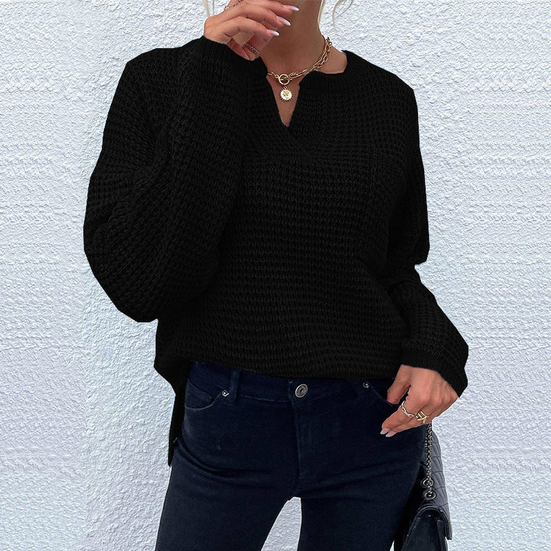 Damen lässiger Strickpullover mit V-Ausschnitt und enganliegendem Bund EB