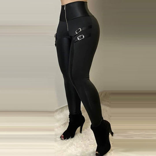 Damen Hochbund-Leggings mit modischen Riemen und Reißverschluss EB