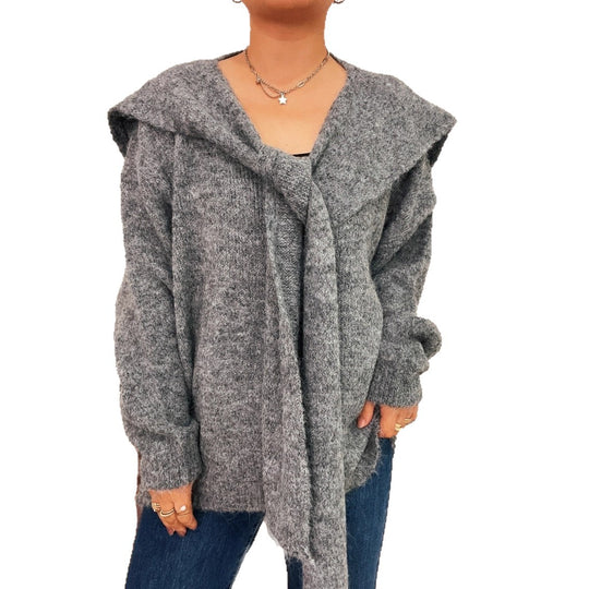 Damen lässiger Strickpullover mit abnehmbarer Kapuze und Knopfdetails EB