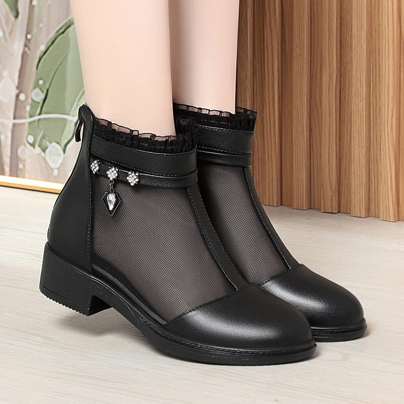 Damen Modische Ankle Boots mit transparentem Mesh-Einsatz und eleganten Schmuckdetails EB