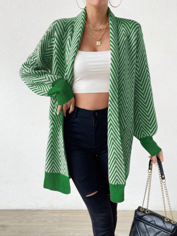Damen langärmlige Strickjacke im modernen Chevron-Design EB