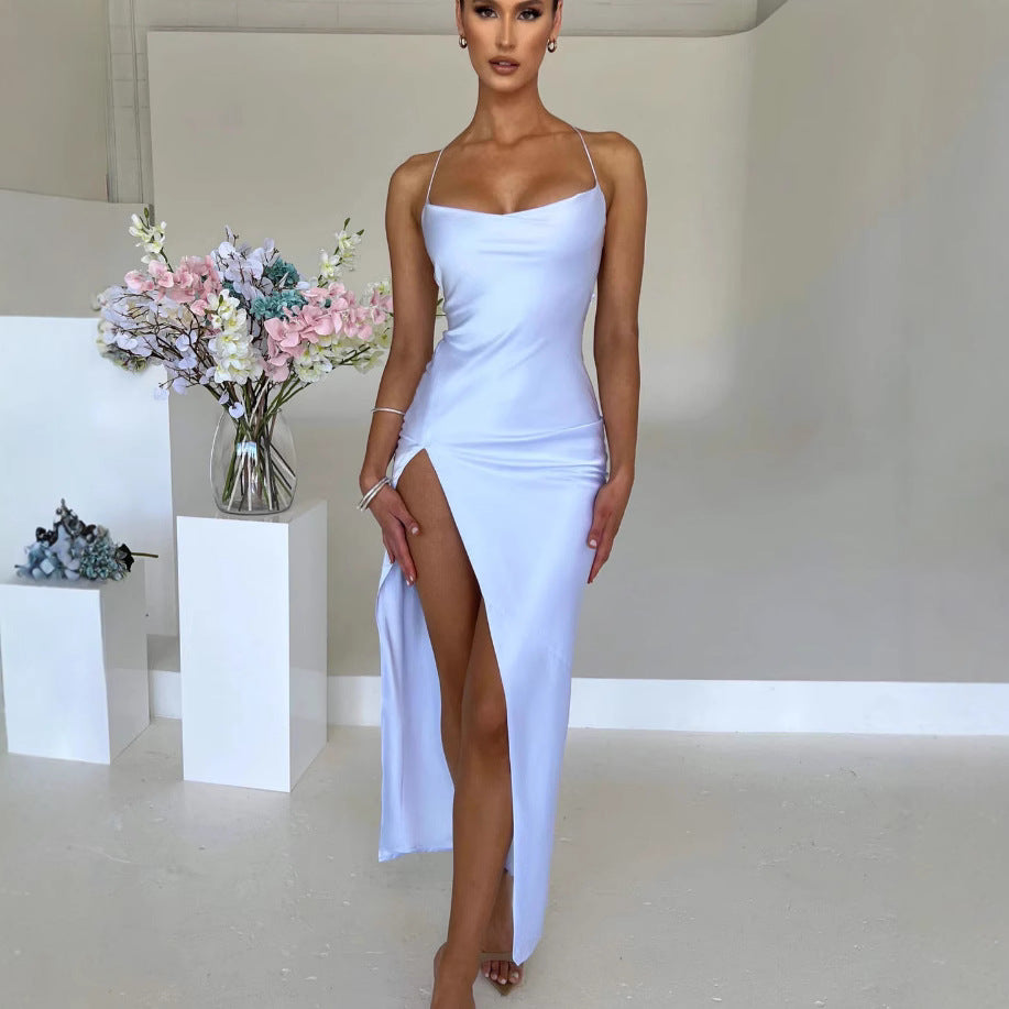 Damen Elegantes Maxikleid mit schmalen Spaghettiträgern und seitlichem Schlitz EB