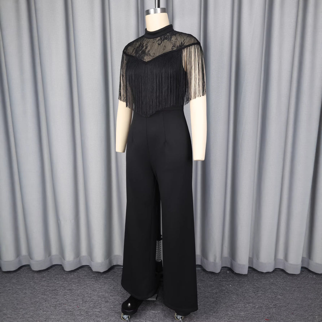 Damen Eleganter Jumpsuit mit schickem Fransen und Spitzenakzenten EB
