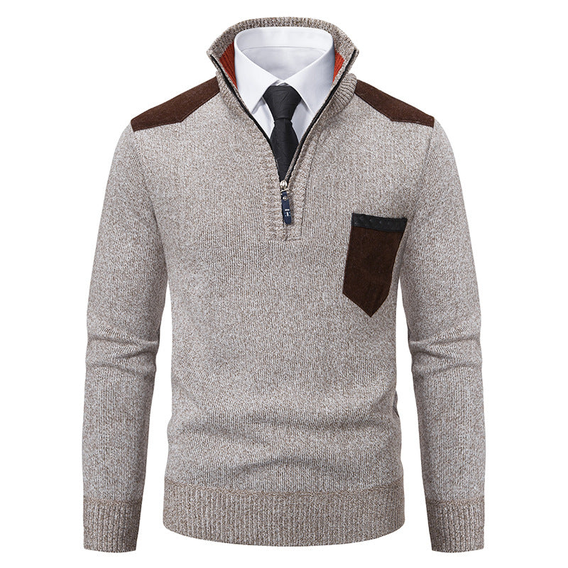 Herren nan Feinstrick-Halbzip-Pullover mit Stehkragen, Brusttasche und Schulterbesatz EB