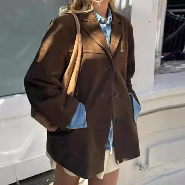 Damen Wildlederblazer im Vintage-Stil mit Taschen EB