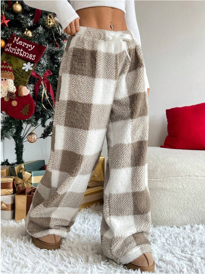Damen nan kuschelige karierte Fleece-Hose mit Tunnelzugbund und weitem Bein EB