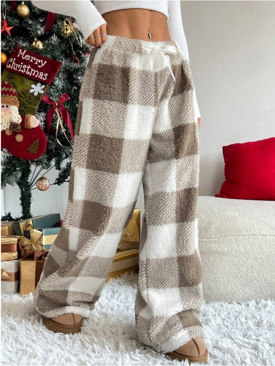 Damen nan kuschelige karierte Fleece-Hose mit Tunnelzugbund und weitem Bein EB